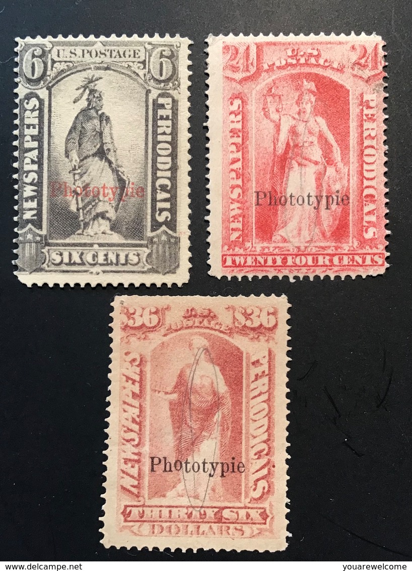 US 1875 Newspaper & Periodical Stamps 3 RARE PHOTOTYPIE FORGERIES 19th C.(USA FAUX FALSCH FORGERY Timbres Pour Journaux - Newspaper & Periodical