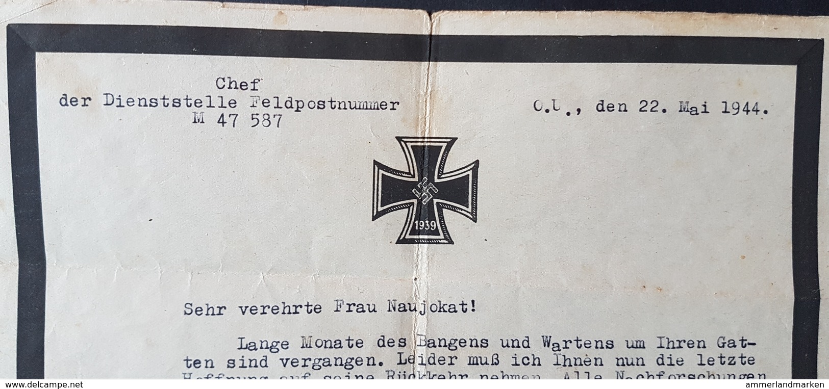 Original Trauerbrief Kriegsmarine M 47587, Befehlshaber Unterseeboote U-Boot,  22.5.44 - Documentos