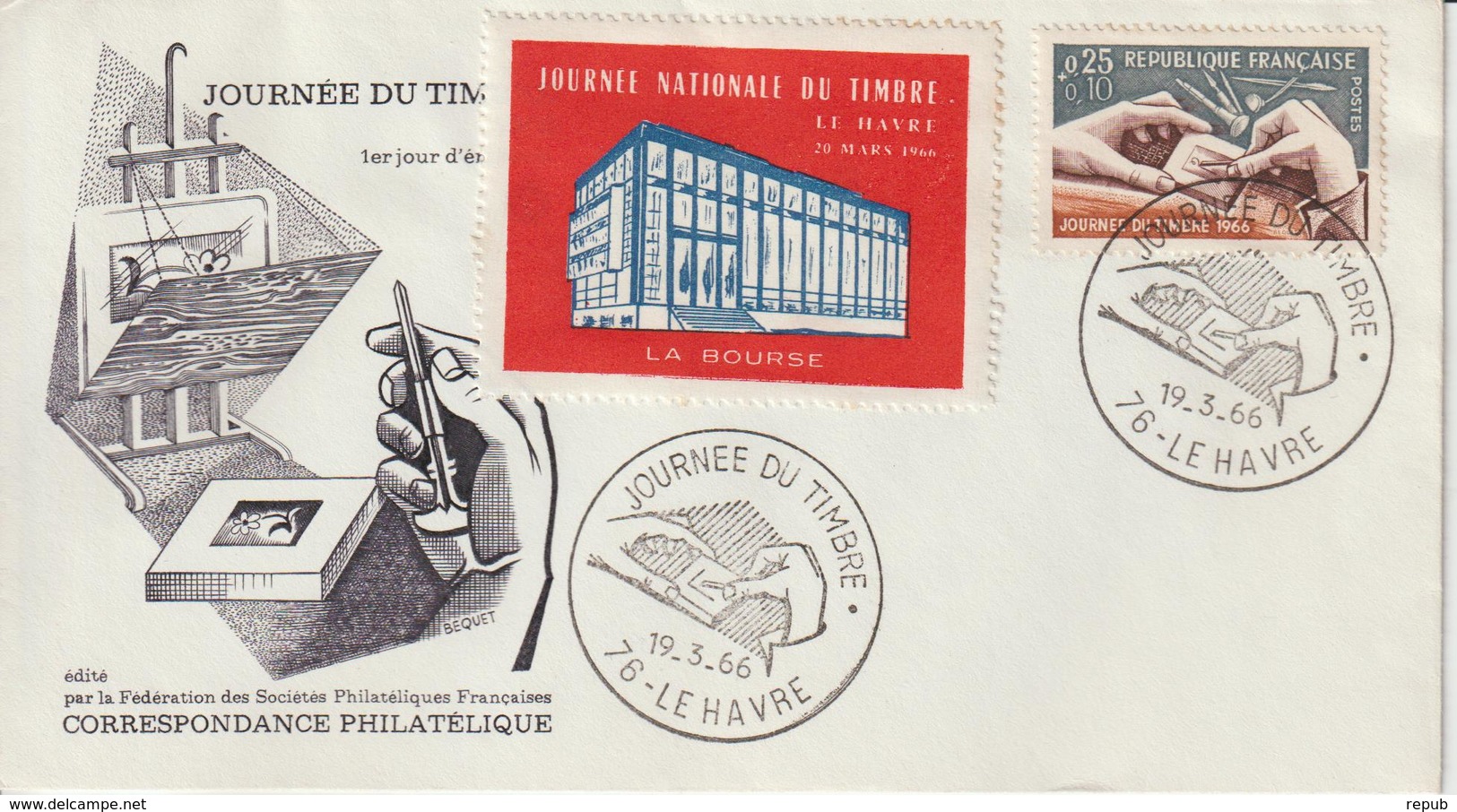 France FDC 1966 Journée Timbre Le Havre 1477 Avec Vignette - 1960-1969