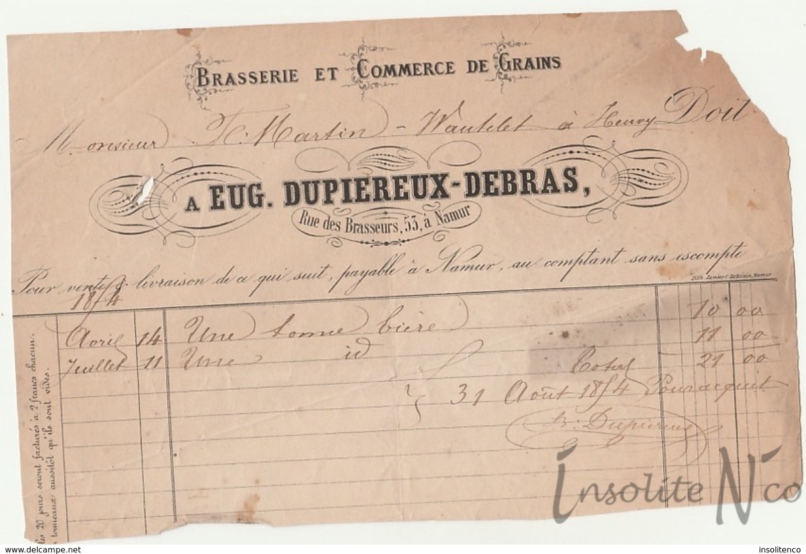 Rare Facture De 1874 De La Brasserie Et Commerce De Grains Eugène Dupiereux-Debras, Rue Des Brasseurs, 53 Namur - 1800 – 1899