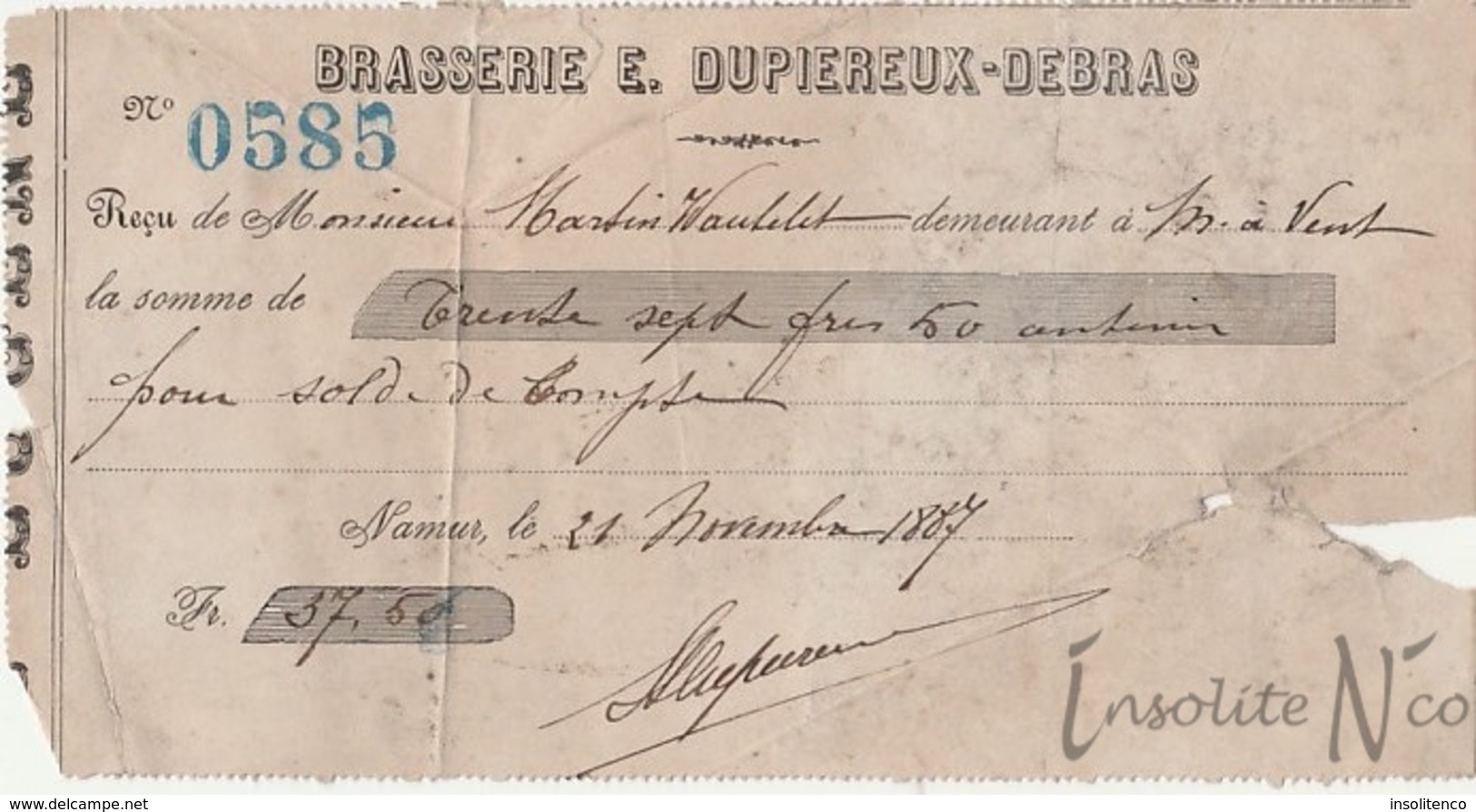 Rare Reçu De 1887 De La Brasserie Eugène Dupiereux-Debras, Rue Des Brasseurs, 53 Namur - 1800 – 1899