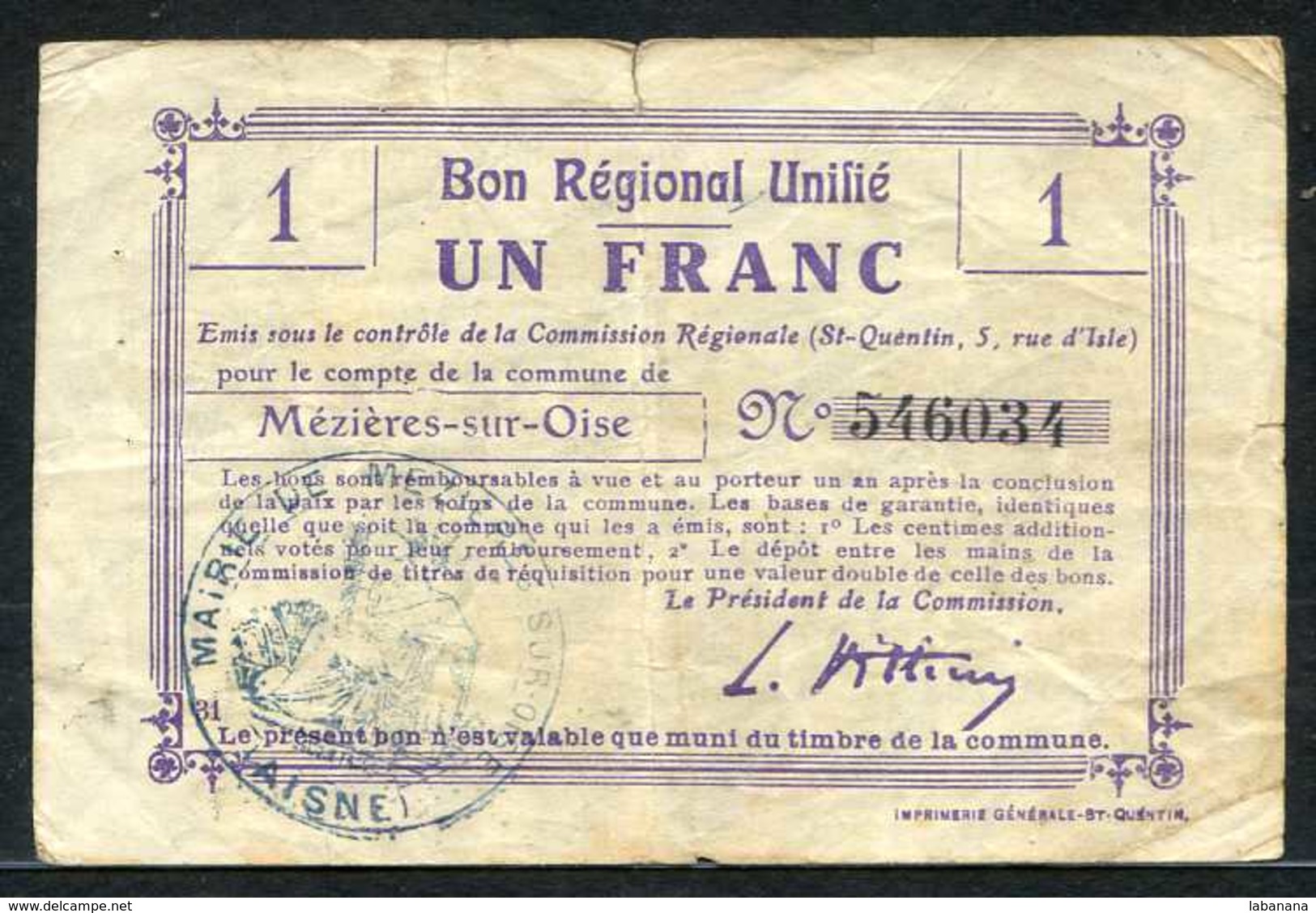 426-BRU Billet De 1 Franc Mézières-sur-Oise - Bonds & Basic Needs