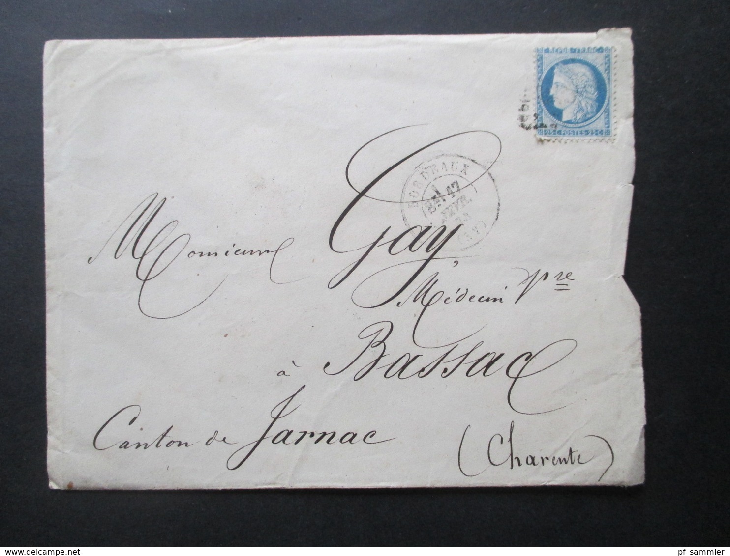 Ceres Nr. 51 EF 1874 Brief Mit Inhalt Libraire Du Commerce & De La Marine Paul Chaumas Bordeaux Nach Bassac Charente - 1871-1875 Cérès