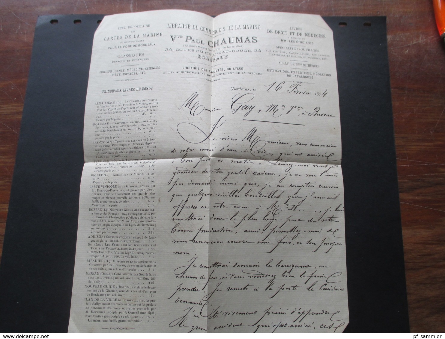 Ceres Nr. 51 EF 1874 Brief mit Inhalt Libraire du Commerce & de la Marine Paul Chaumas Bordeaux nach Bassac Charente