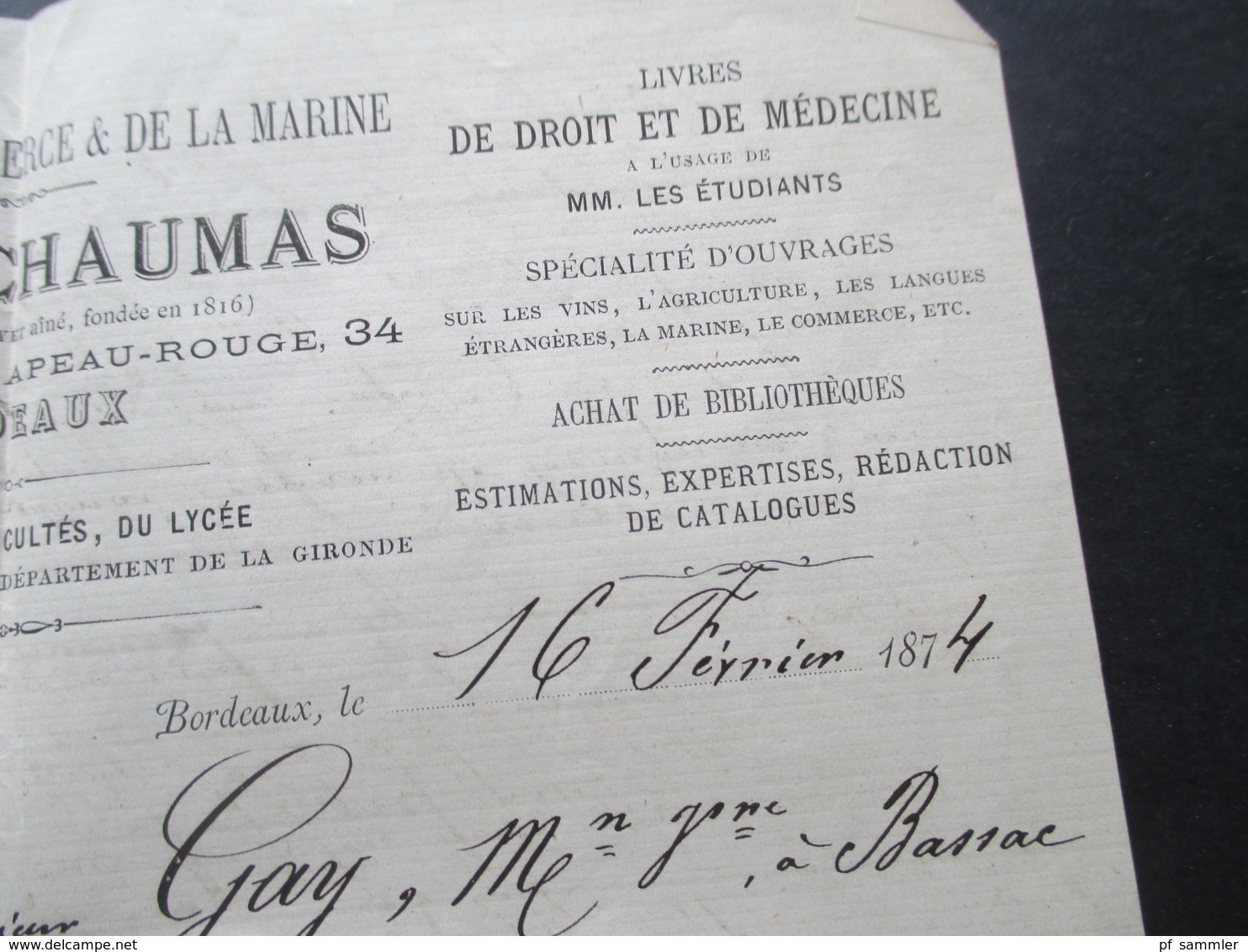 Ceres Nr. 51 EF 1874 Brief mit Inhalt Libraire du Commerce & de la Marine Paul Chaumas Bordeaux nach Bassac Charente