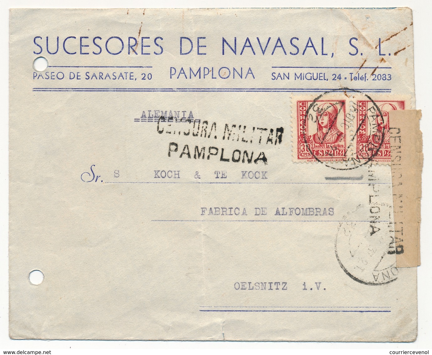 ESPAGNE - Enveloppe En Tête - Censura Militar PAMPLONA - 1937 - Covers & Documents