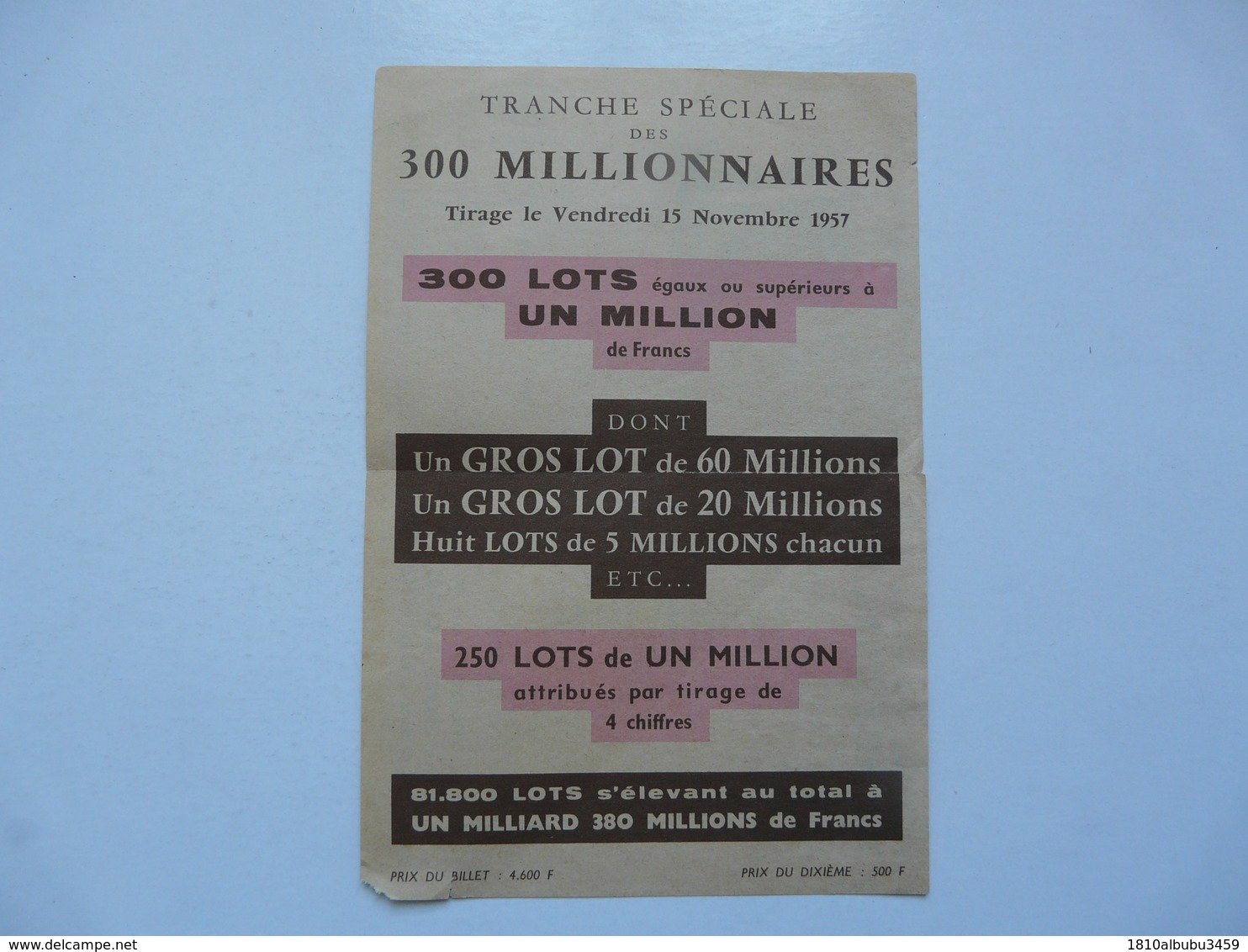 VIEUX PAPIERS - LOTERIE : Tranche Des 300 Millionnaires - Lottery Tickets