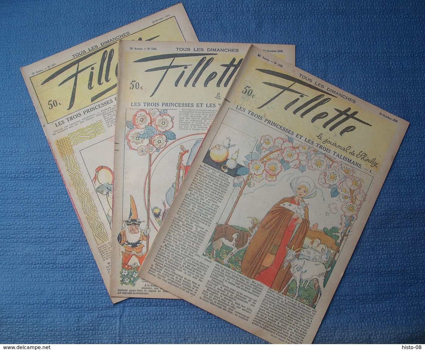 FILLETTE : 1938 : LOT 3 Numeros :1595 - 1596 - 1597  : LES TROIS PRINCESSES ET LES TROIS TALISMANS  --   BLANCHE NEIGE - Fillette