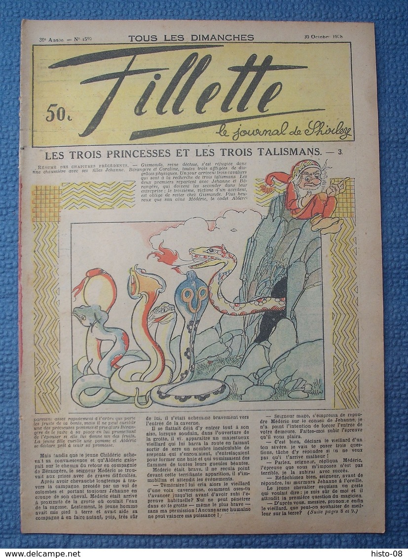 FILLETTE : 1938 : LOT 3 Numeros :1595 - 1596 - 1597  : LES TROIS PRINCESSES ET LES TROIS TALISMANS  --   BLANCHE NEIGE - Fillette