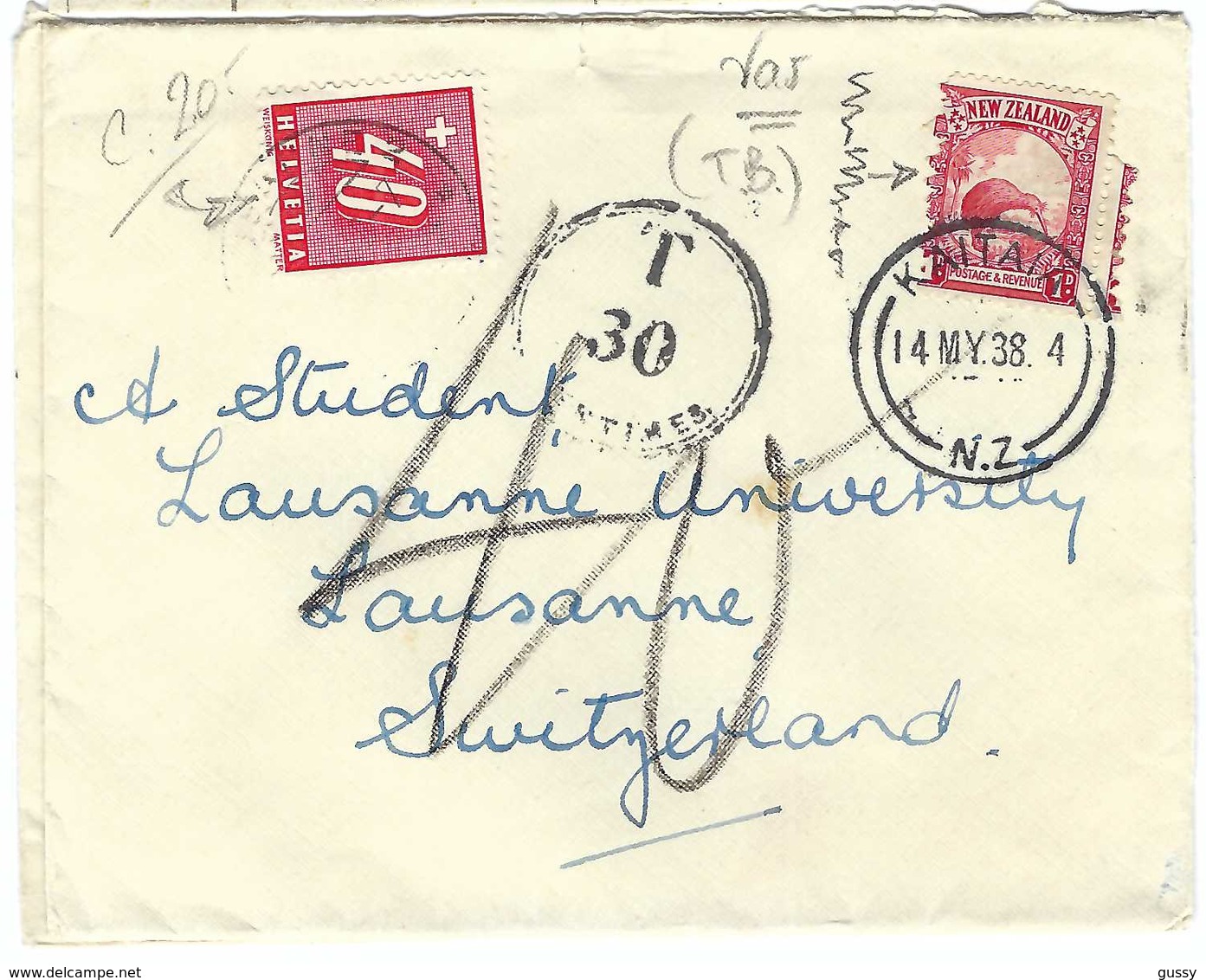 NOUVELLE ZELANDE :  LSC Rec.de KAITAIA (NZ) Du 14 Mai 1938 Pour Lausanne (Suisse), Taxée à 30c. Puis à 40c. CAD   B à TB - Storia Postale