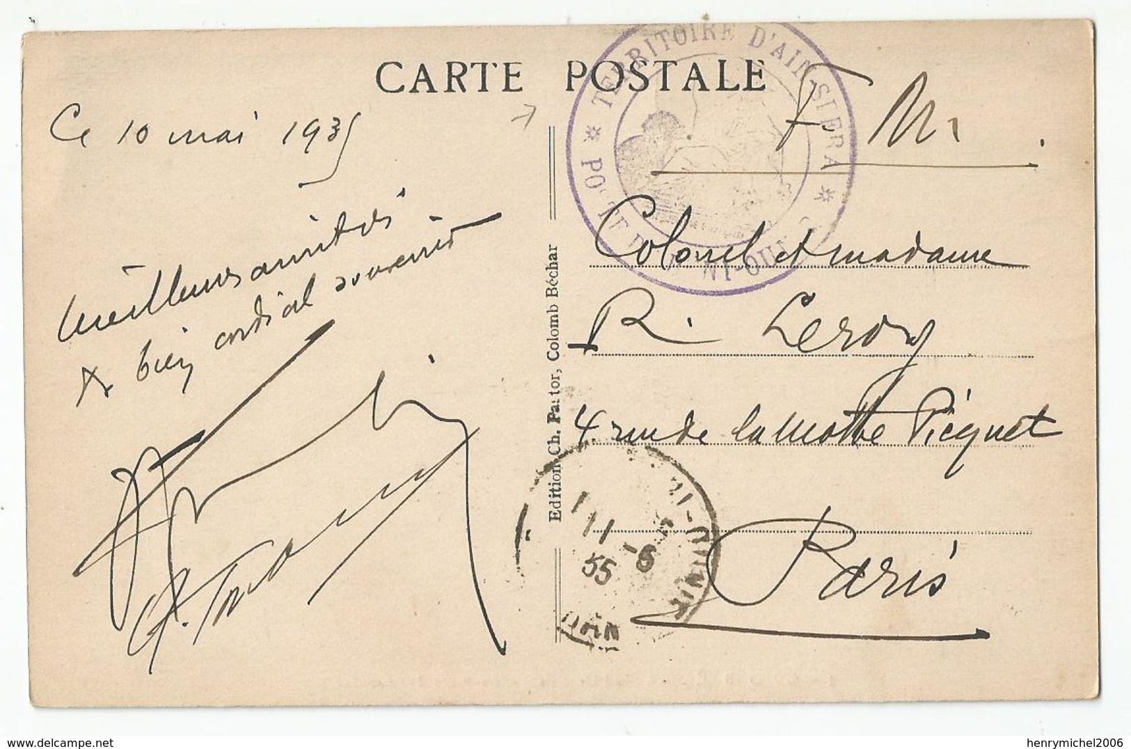 Marcophilie Cachet Territoire D'ain Sfer Poste 1935  En Fm , Colomb Béchar Place Des Arcades Pour Colonel Leroy Paris - Cachets Militaires A Partir De 1900 (hors Guerres)