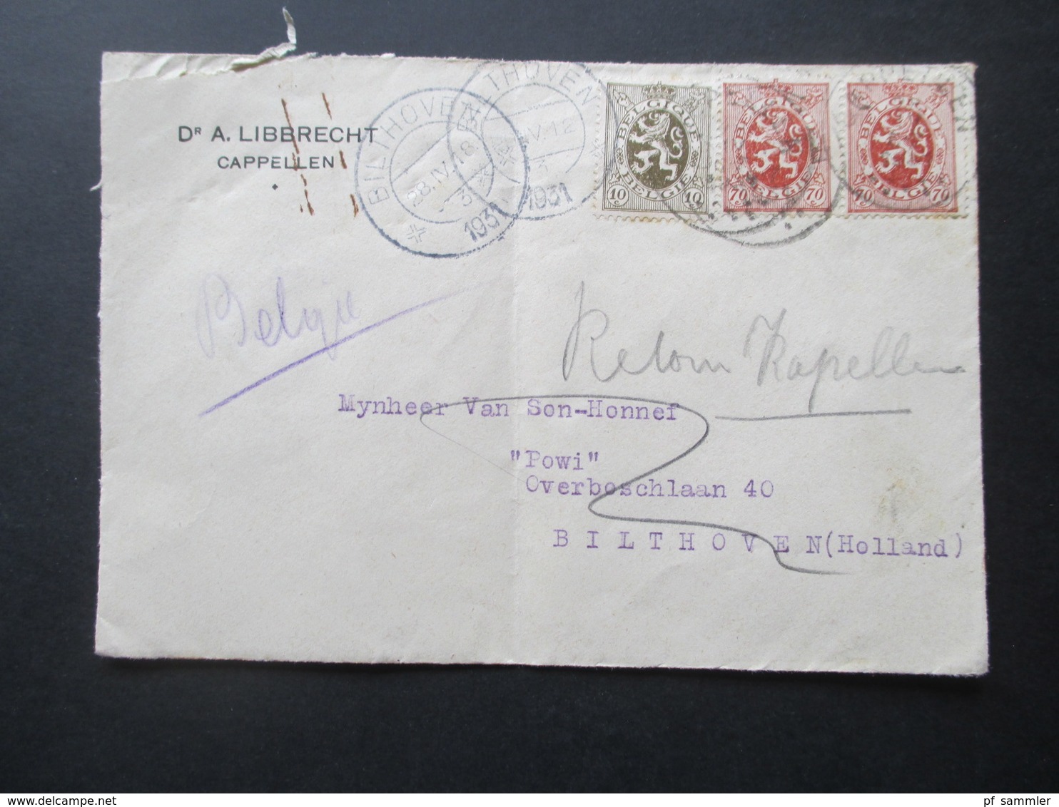 Belgien 1931 MiF Aus Capellen Nach Bilthoven (Niederlande) Und Handschriftlicher Vermerk Retour Kapellen - 1929-1937 Lion Héraldique