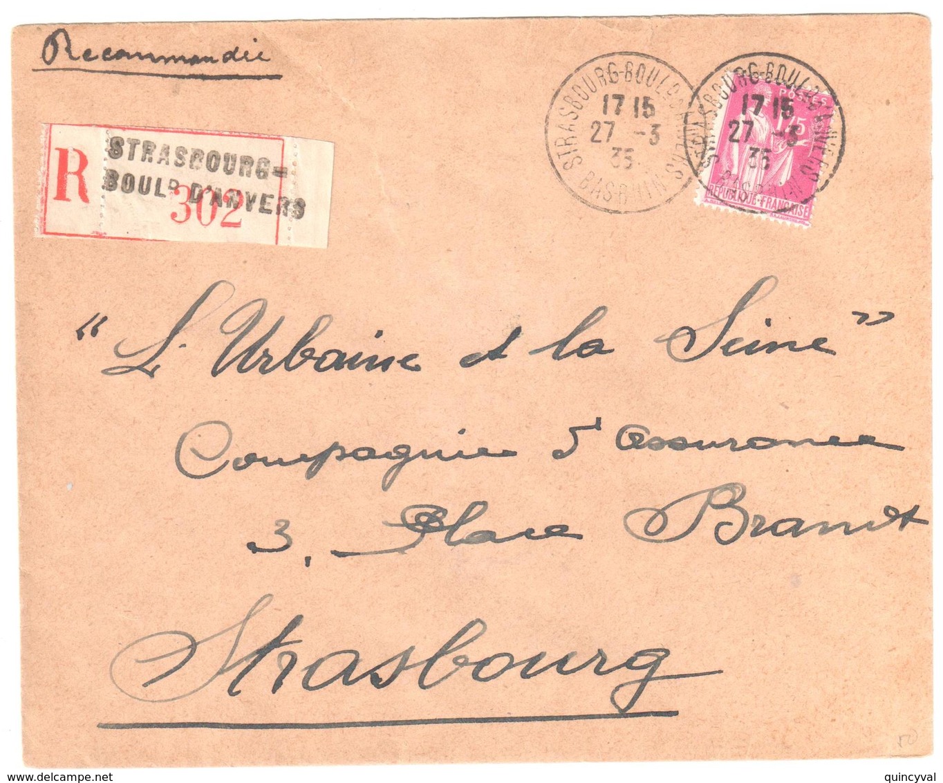 STRASBOURG Bld Anvers Lettre Recommandée 1,75 F Paix Yv 289 Ob 27 3 1935 - Lettres & Documents