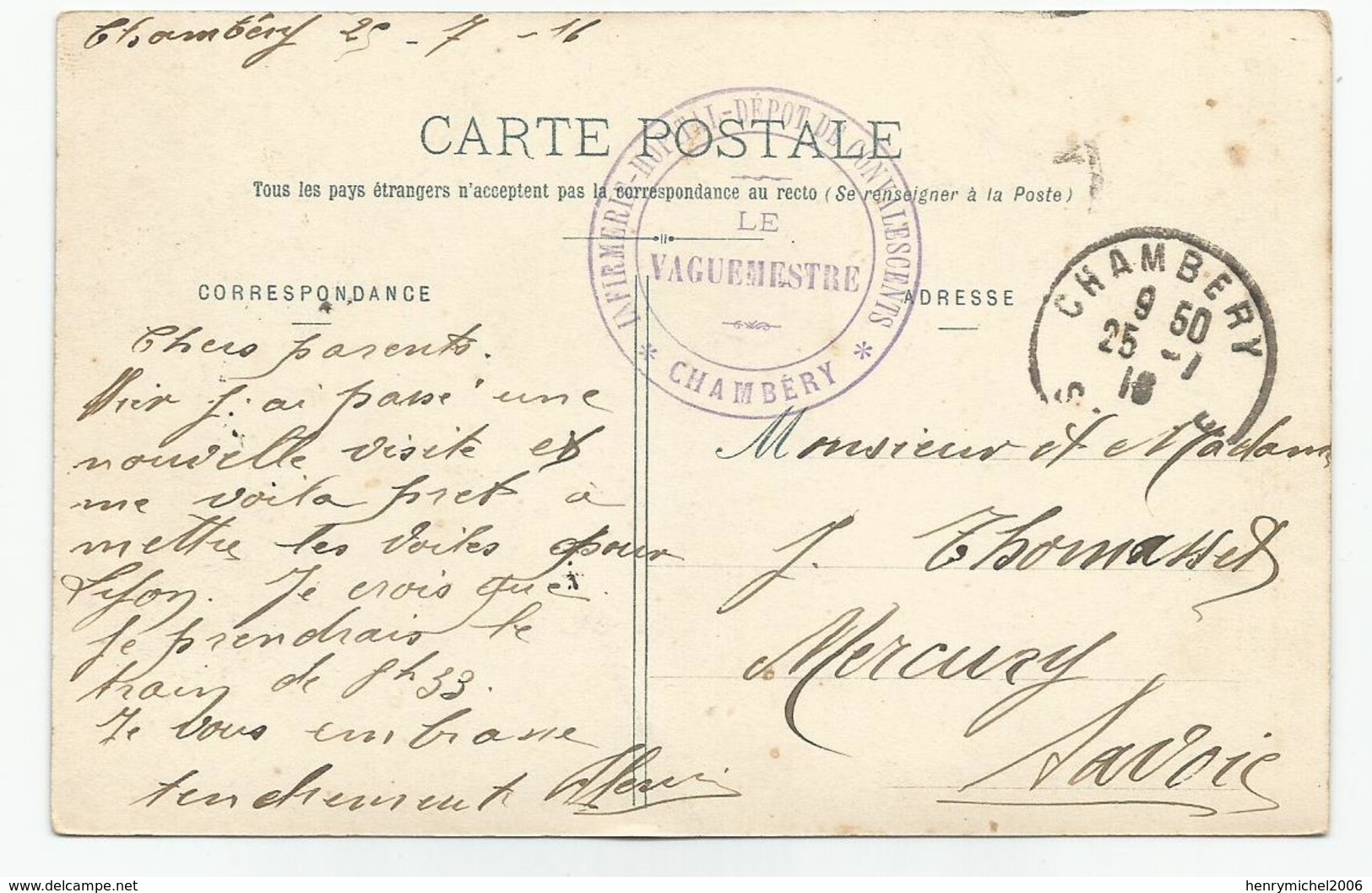 Marcophilie Cachet Chambéry 73 Savoie Infirmerie Hopital Depot De Convalescents 1916 - Guerre De 1914-18