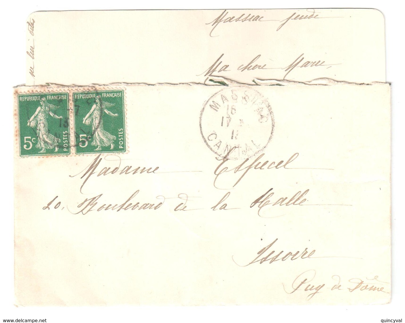 MASSIAC Cantal Carte De Visite Avec Correspondance 5c Semeuse Camée Verte Yv 137 Ob 1913 Dest Issoire - Storia Postale
