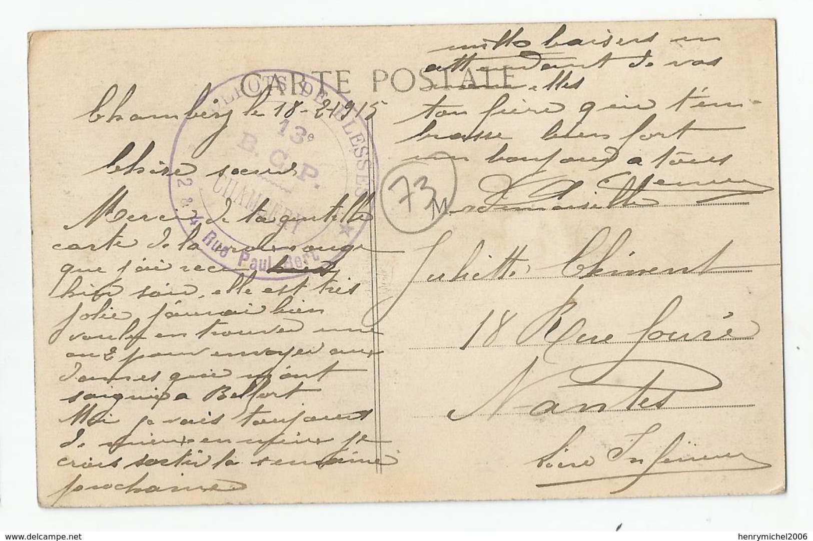 Marcophilie Cachet Dépot De Blessés 13 E Bcp Chambéry 2, 4 Rue Paul Bert  1915 - WW I
