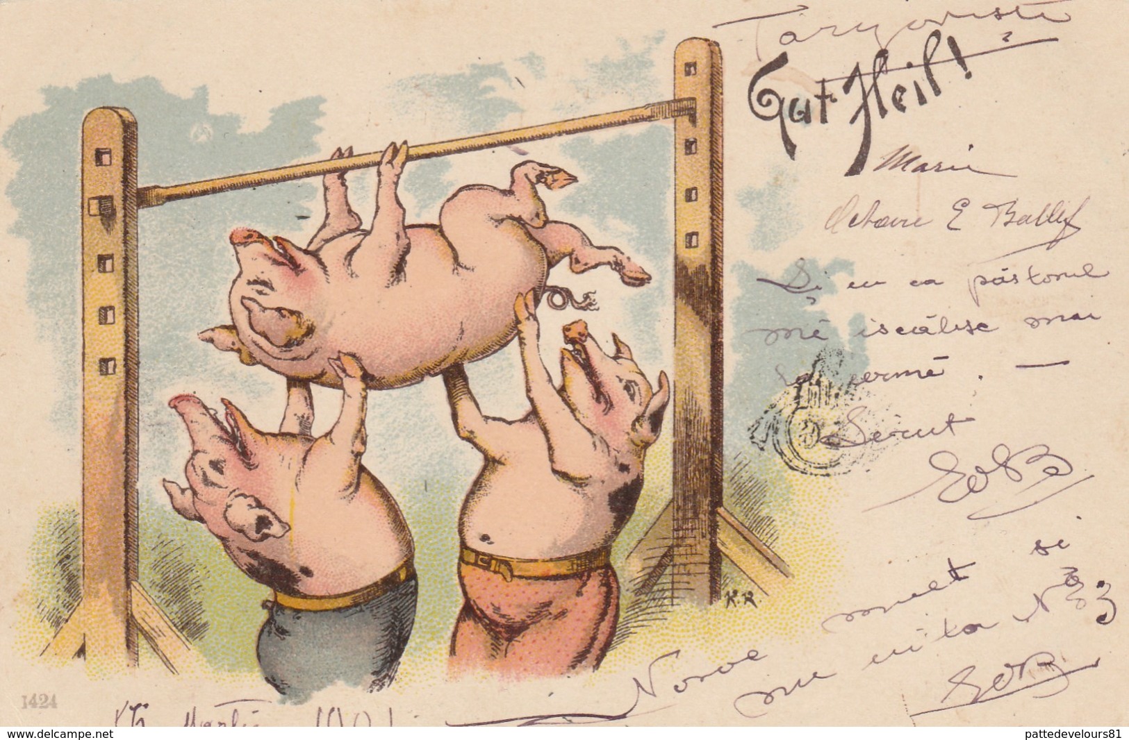 CPA Animal Humanisé Position Humaine Cochon Porc Pig Sport Gymnastique Gymnaste Viennoise N° 1424 Illustrateur (2 Scans) - Pigs