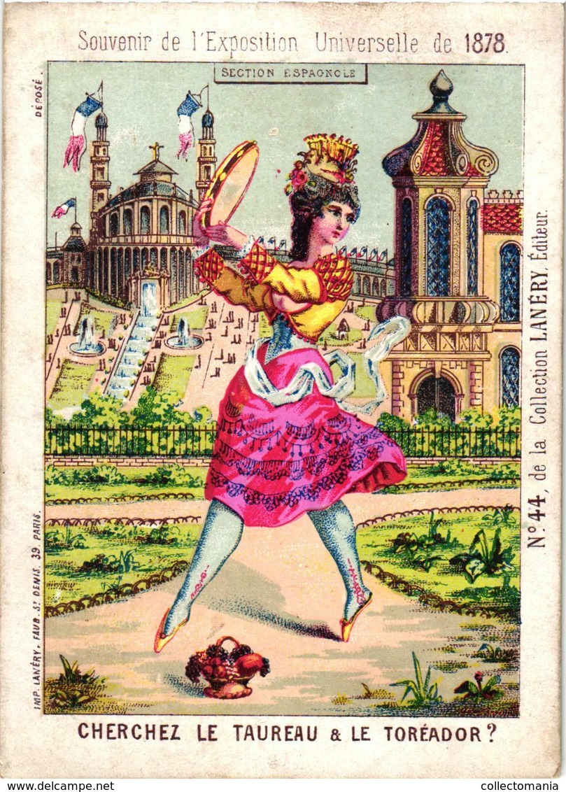 5 Trade Cards Circa Hidden Objects VERY DIFFICULT Expo 1878 PARIS Where Is Object? Eunich Spain Greek Bull Litho  Prints - Brain Teasers, Brain Games