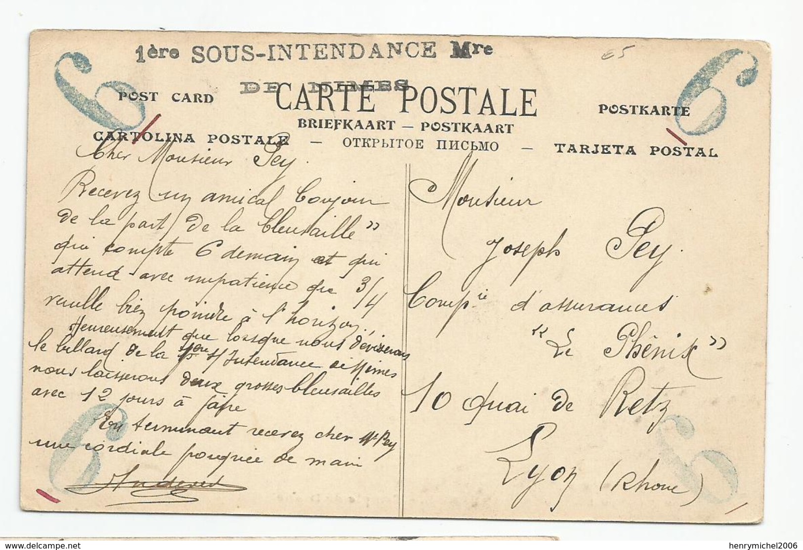 Marcophilie Cachet 1ere Sous Intendance De Nimes 6 - 1911 - Military Postmarks From 1900 (out Of Wars Periods)