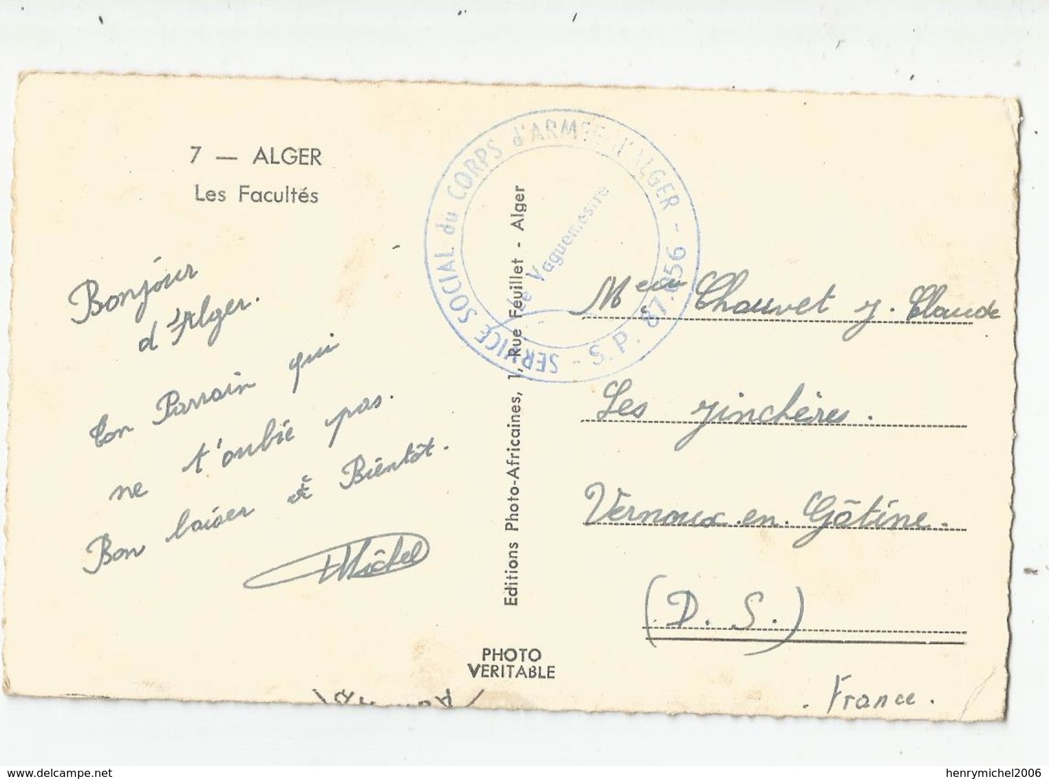 Marcophilie Cachet Service Social Du Corps D'armée D'alger Sp 87 - 056 Pour Vernoux En ..79 Deux Sevres - War Of Algeria