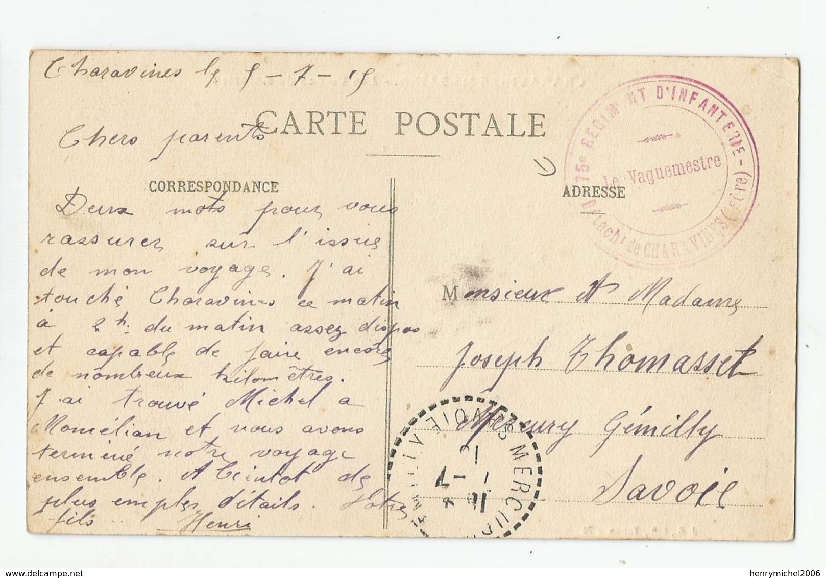 Marcophilie Cachet 75 E Régiment D'infanterie 1915 Charavines Usines Soieries Pour Mercury Gémilly 73 Savoie - Guerre De 1914-18