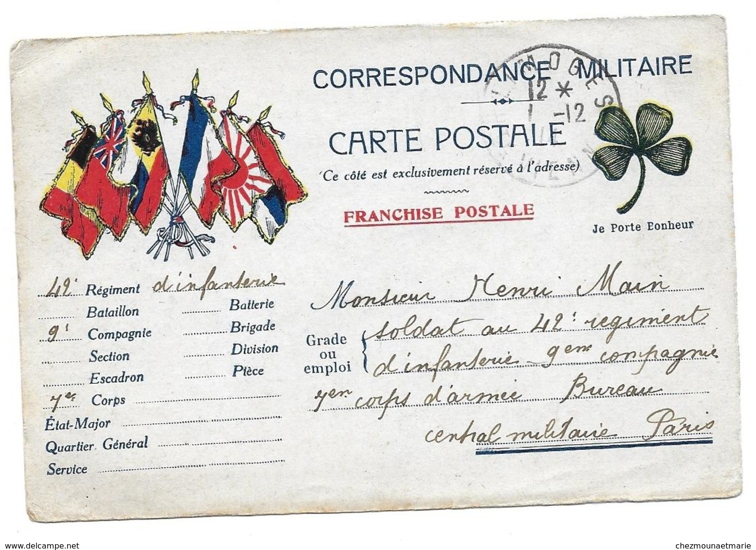 WWI HENRI MAIN SOLDAT AU 42 RI BUREAU CENTRAL PARIS DE SA FEMME A LIMOGES - CPA CORRESPONDANCE MILITAIRE - Guerre 1914-18