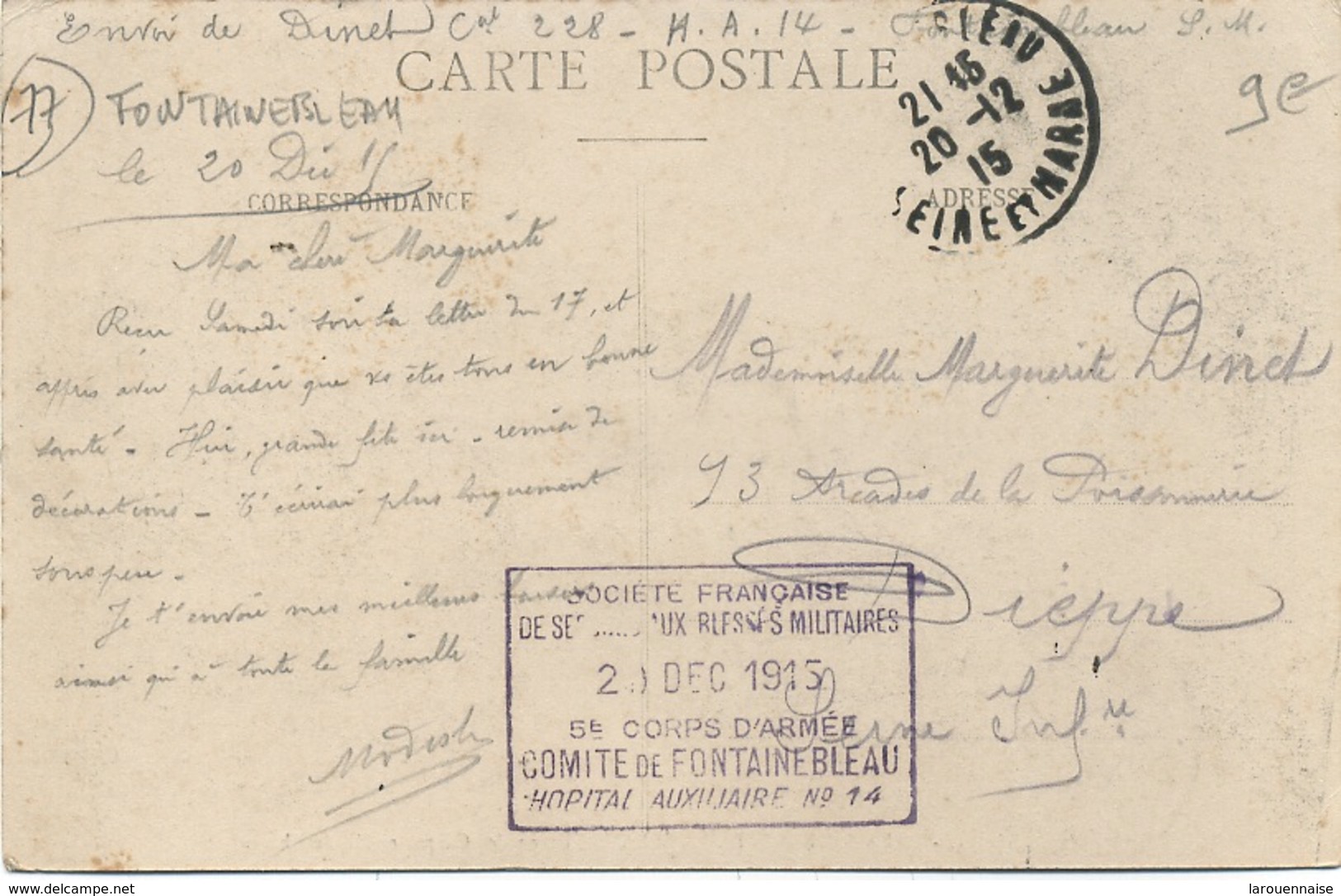 Cachet Militaire : 77 FONTAINEBLEAU - Guerre De 1914-18