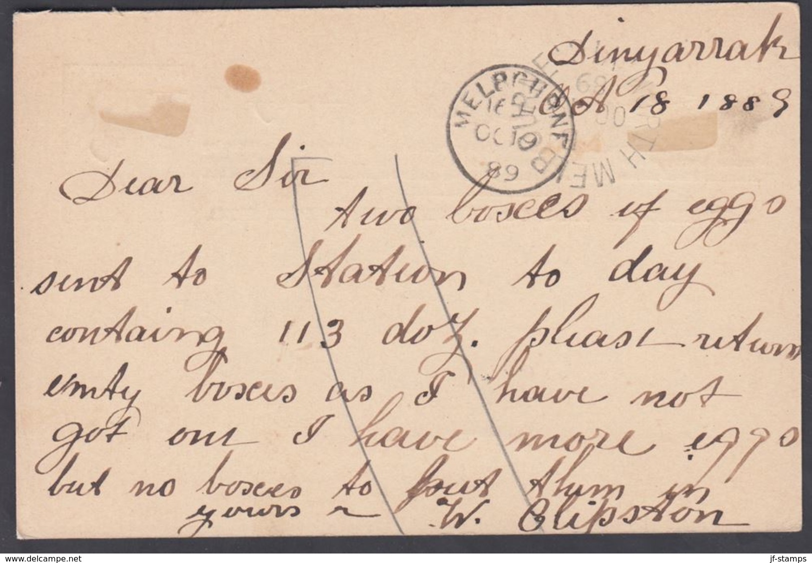 1892. VICTORIA. AYSTRALIA. ONE PENNY. POST CARD (Two Boxes Of Eggs Sent To Station To... () - JF321618 - Storia Postale