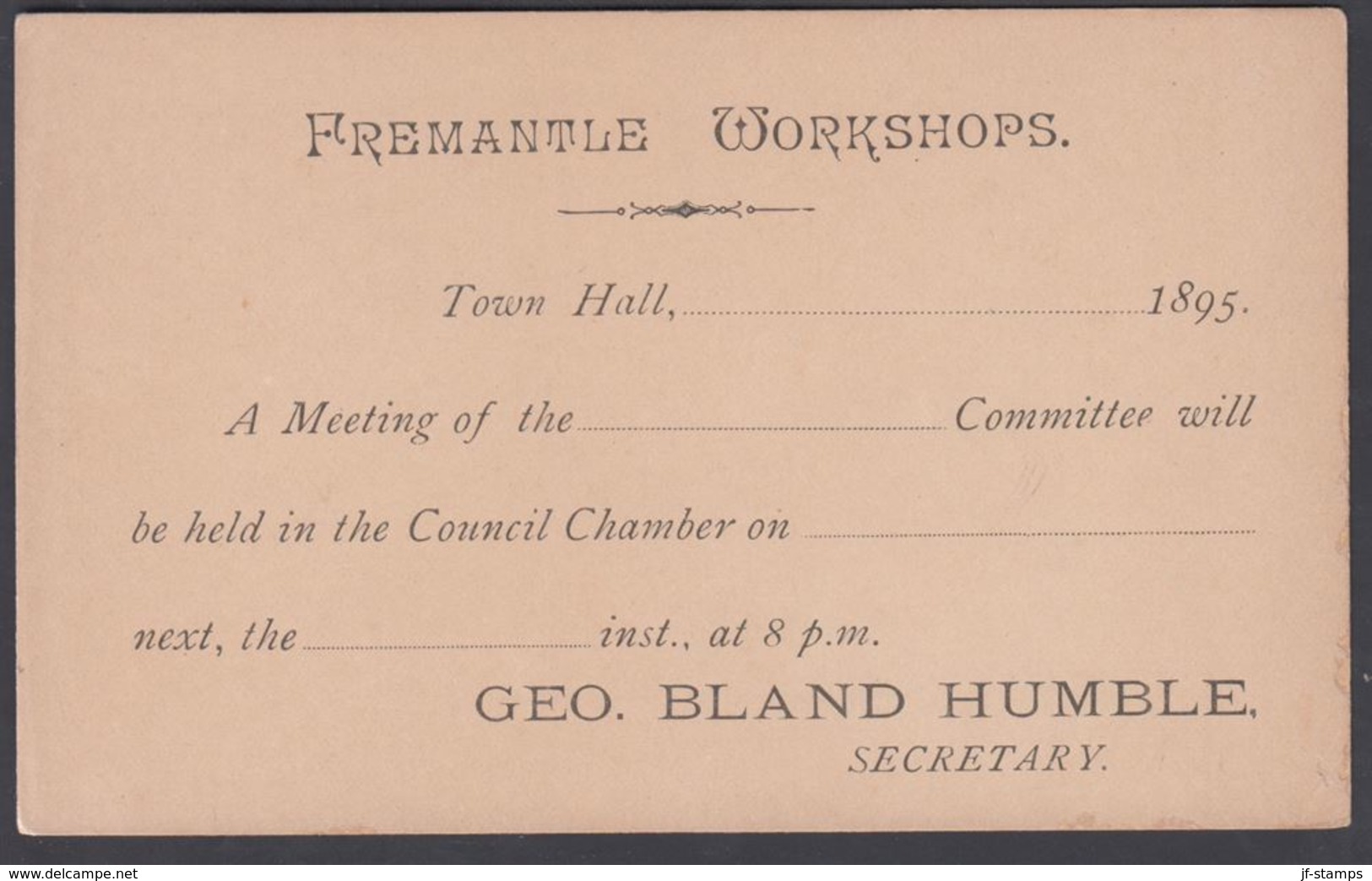 1893. WESTERN AUSTRALIA. ONE HALF-PENNY POST CARD (FREMANTLE WORKSHOPS Town Hall, 189... () - JF321621 - Covers & Documents