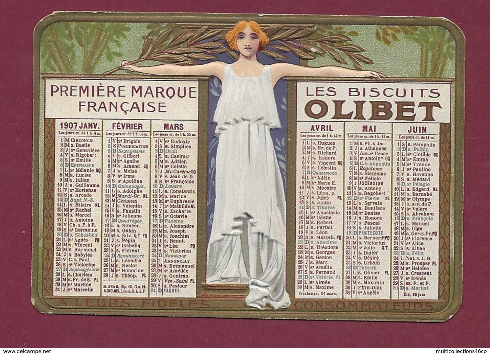 010420 - Calendrier Petit Format Gaufré 1907 Biscuits OLIBET - Art Nouveau - Petit Format : 1901-20