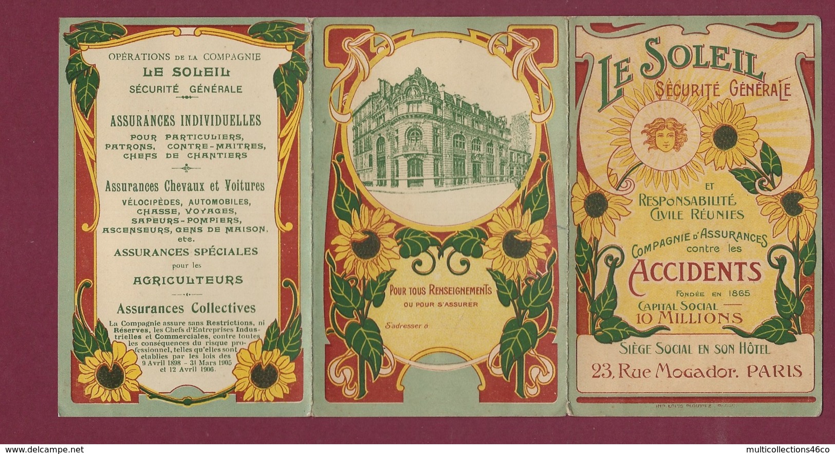 010420A - Calendrier Petit Format Triptyque - Pub Assurance LE SOLEIL Rue Mogador PARIS - Illustré Bâtiment Tournesol - Petit Format : 1901-20