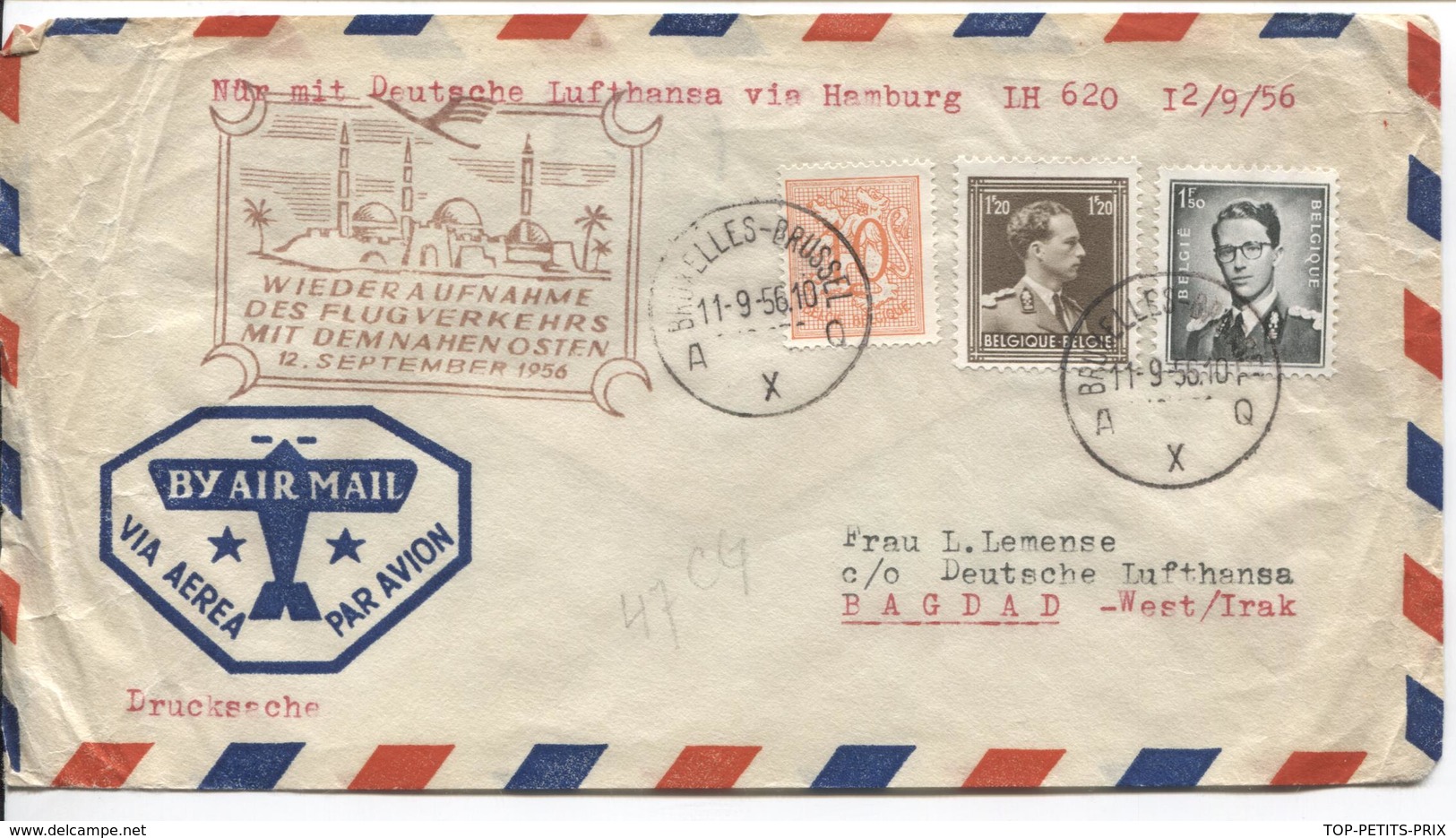 REF721/ TP 924 Baudouin Lunettes-1005-850 S/L.Avion Via Lufthansa C.BXL 11/9/56 > Bagdad West Irak C.d'arrivée - Storia Postale