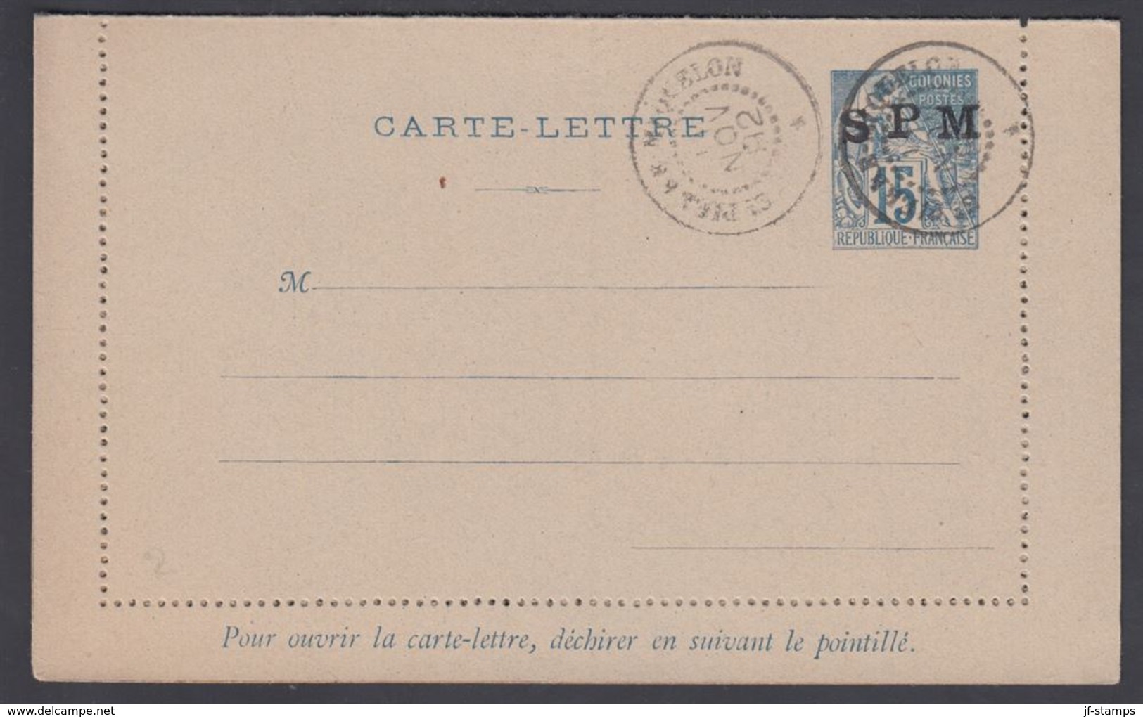 1892. SAINT-PIERRE-MIQUELON. CARTE -LETTRE SPM / 15 C. COLONIES POSTES REP. FRANCAISE... () - JF321813 - Lettres & Documents