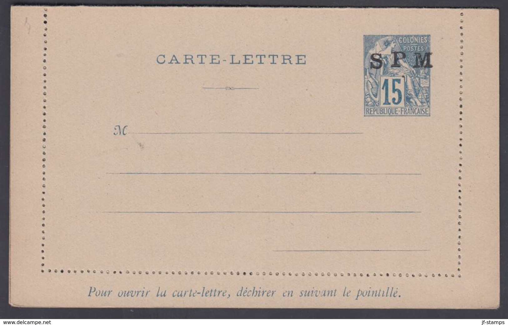 1892. SAINT-PIERRE-MIQUELON. CARTE -LETTRE SPM / 15 C. COLONIES POSTES REP. FRANCAISE... () - JF321814 - Covers & Documents