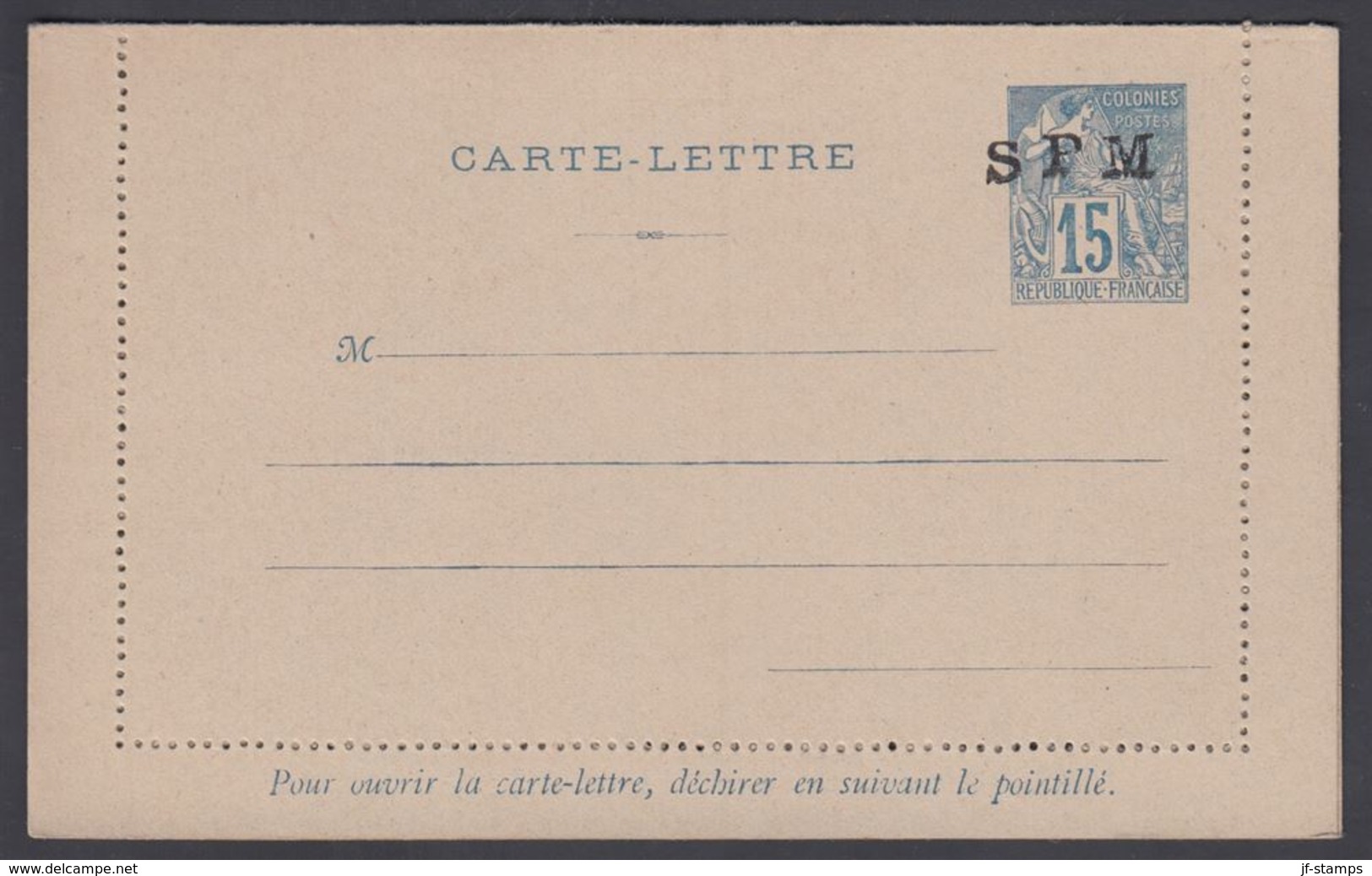 1892. SAINT-PIERRE-MIQUELON. CARTE -LETTRE SPM / 15 C. COLONIES POSTES REP. FRANCAISE... () - JF321815 - Storia Postale