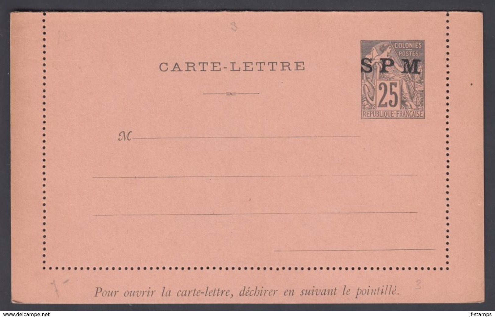 1896. SAINT-PIERRE-MIQUELON. CARTE -LETTRE SPM / 25 C. COLONIES POSTES REP. FRANCAISE... () - JF321820 - Covers & Documents