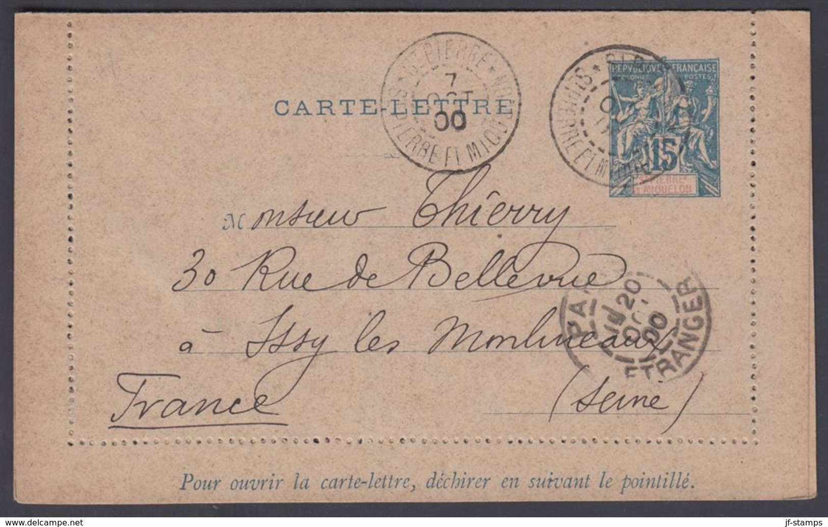 1900. SAINT-PIERRE-MIQUELON. CARTE -LETTRE 15 C. Blue Cancelled ST. PIERRE-MIQUELON 7... () - JF321826 - Storia Postale