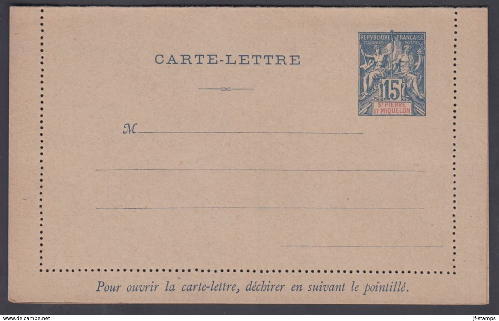 1892. SAINT-PIERRE-MIQUELON. CARTE -LETTRE 15 C. Blue  () - JF321828 - Briefe U. Dokumente