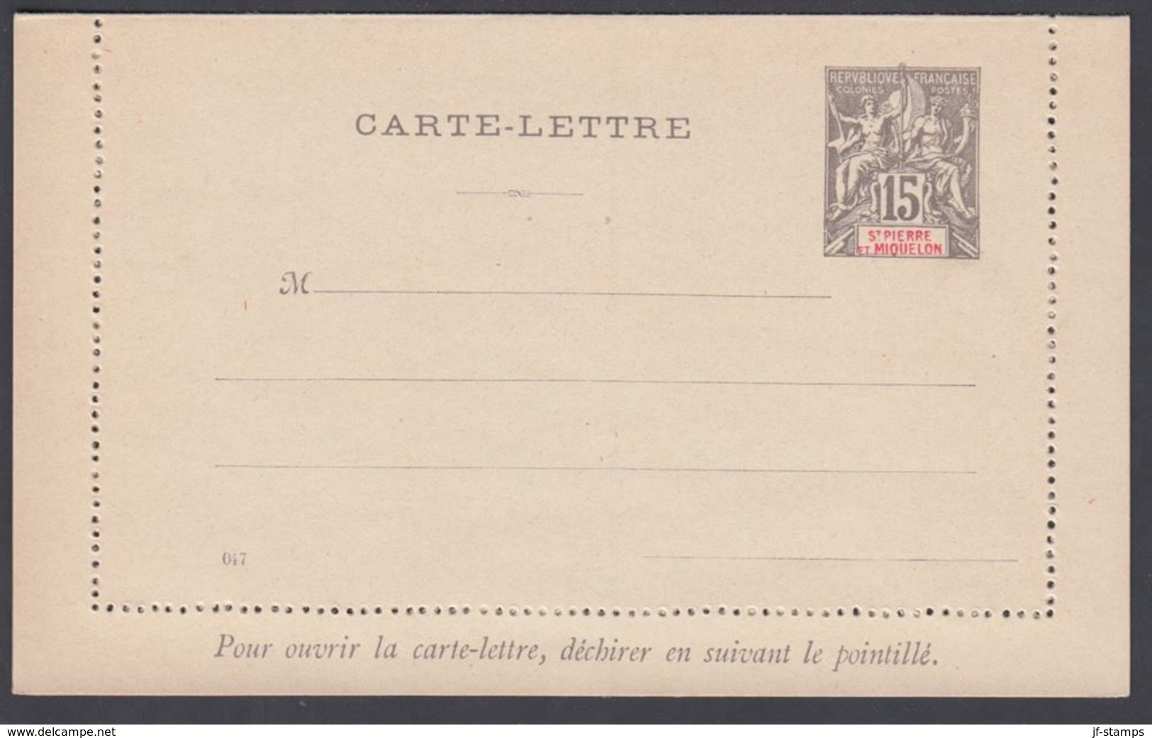 1892. SAINT-PIERRE-MIQUELON. CARTE -LETTRE 15 C. Gray.  () - JF321833 - Storia Postale