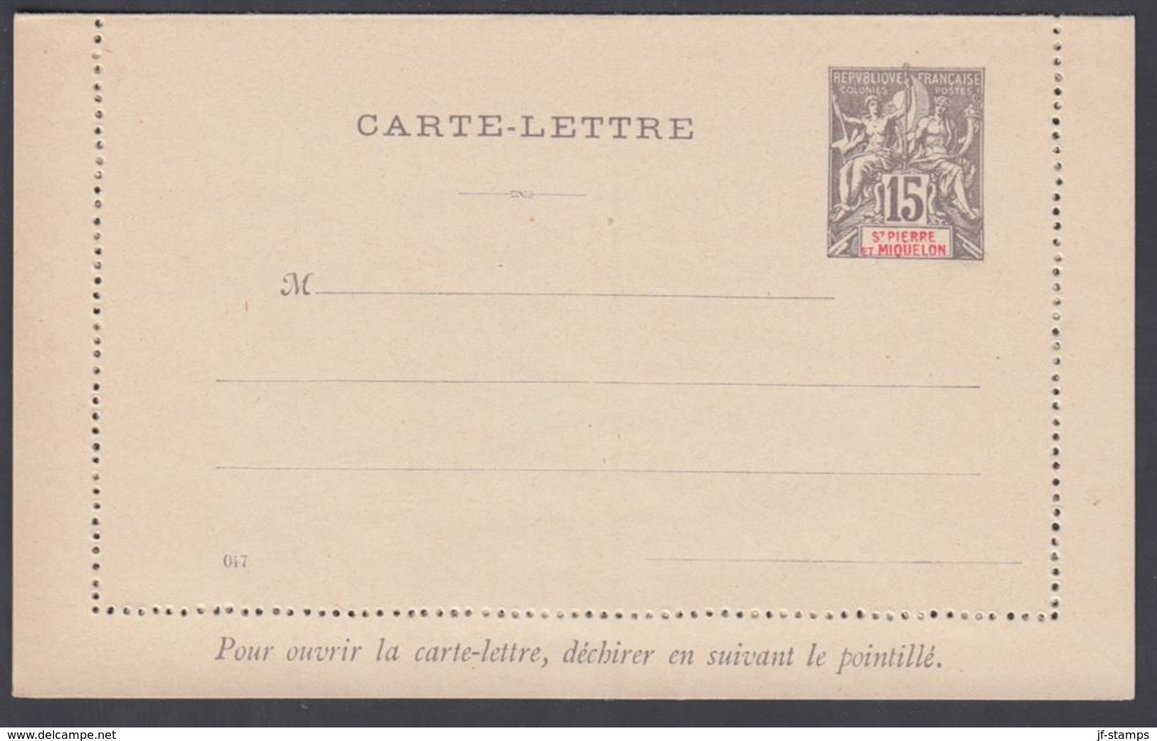 1892. SAINT-PIERRE-MIQUELON. CARTE -LETTRE 15 C. Gray.  () - JF321833 - Cartas & Documentos