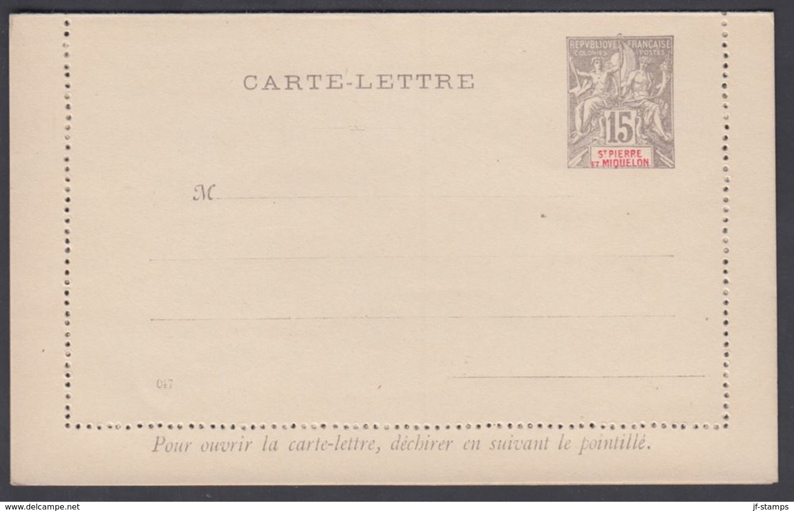 1892. SAINT-PIERRE-MIQUELON. CARTE -LETTRE 15 C. Gray.  () - JF321834 - Lettres & Documents