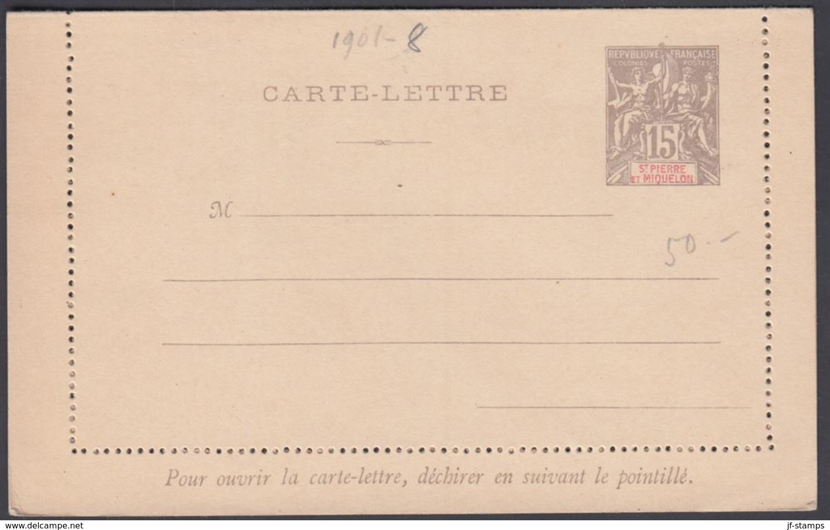 1892. SAINT-PIERRE-MIQUELON. CARTE -LETTRE 15 C. Gray.  () - JF321836 - Storia Postale