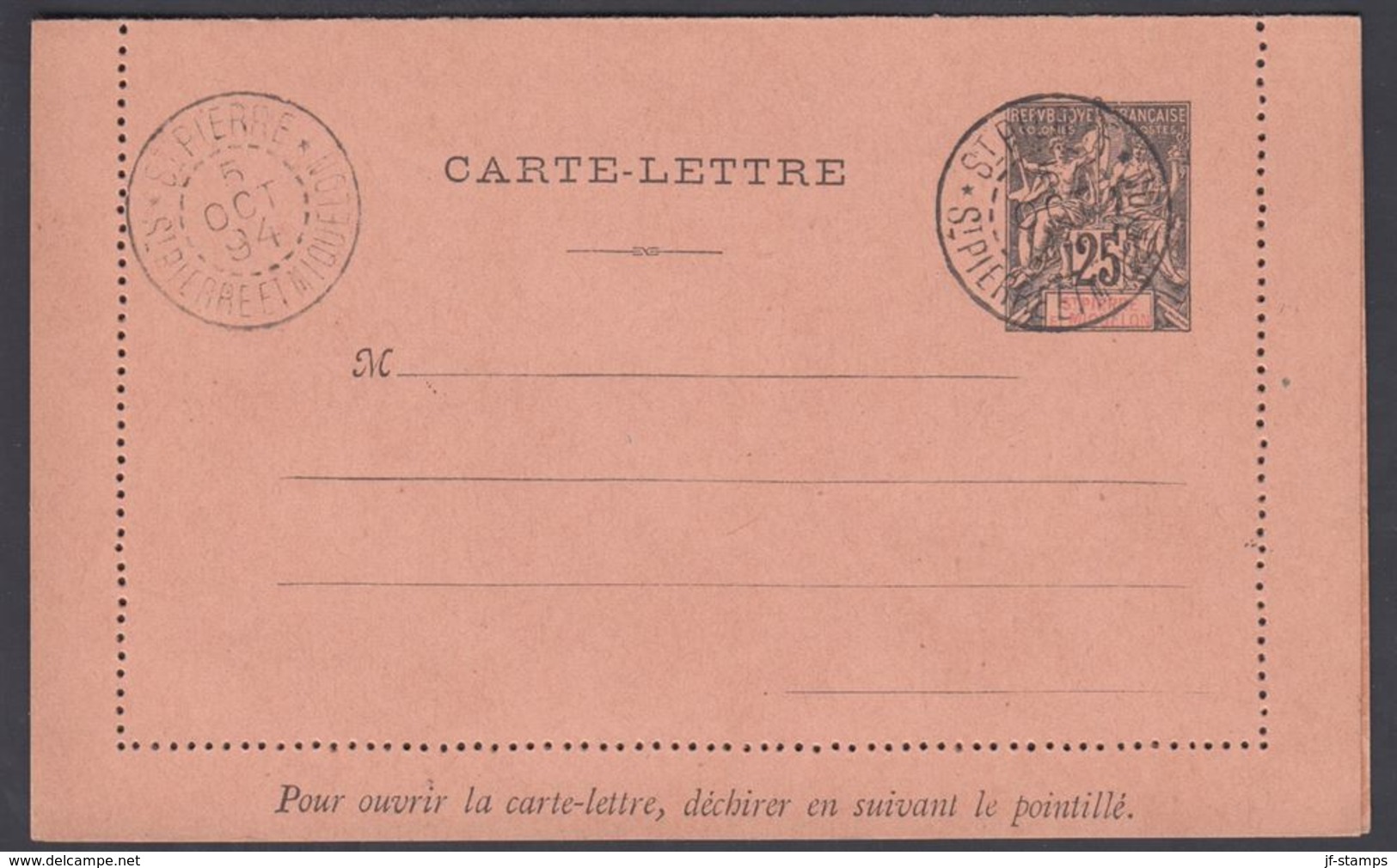 1894. SAINT-PIERRE-MIQUELON. CARTE -LETTRE 25 C. Black Cancelled ST. PIERRE-MIQUELON ... () - JF321837 - Covers & Documents