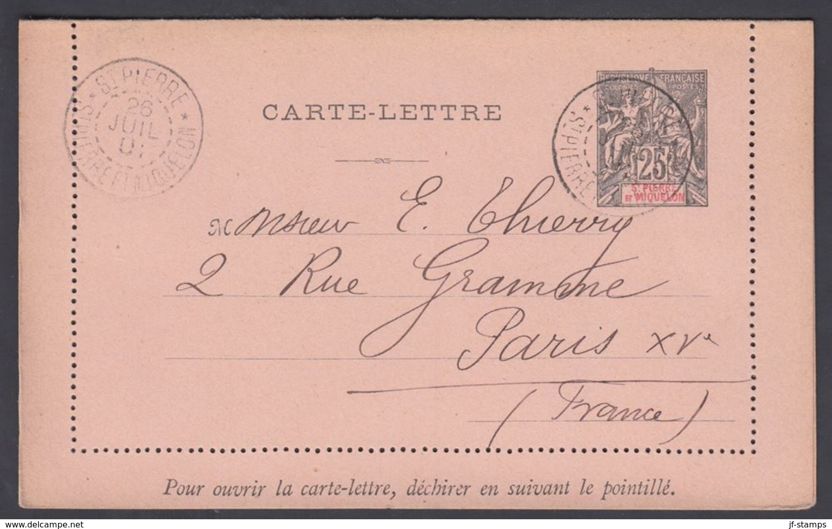 1901. SAINT-PIERRE-MIQUELON. CARTE -LETTRE 25 C. Black Cancelled ST. PIERRE-MIQUELON ... () - JF321838 - Briefe U. Dokumente