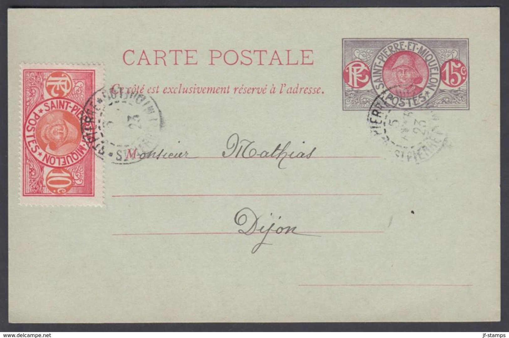 1923. SAINT-PIERRE-MIQUELON. CARTE POSTALE 15 C. + 10 C Fisherman Cancelled ST. PIERR... () - JF321873 - Covers & Documents