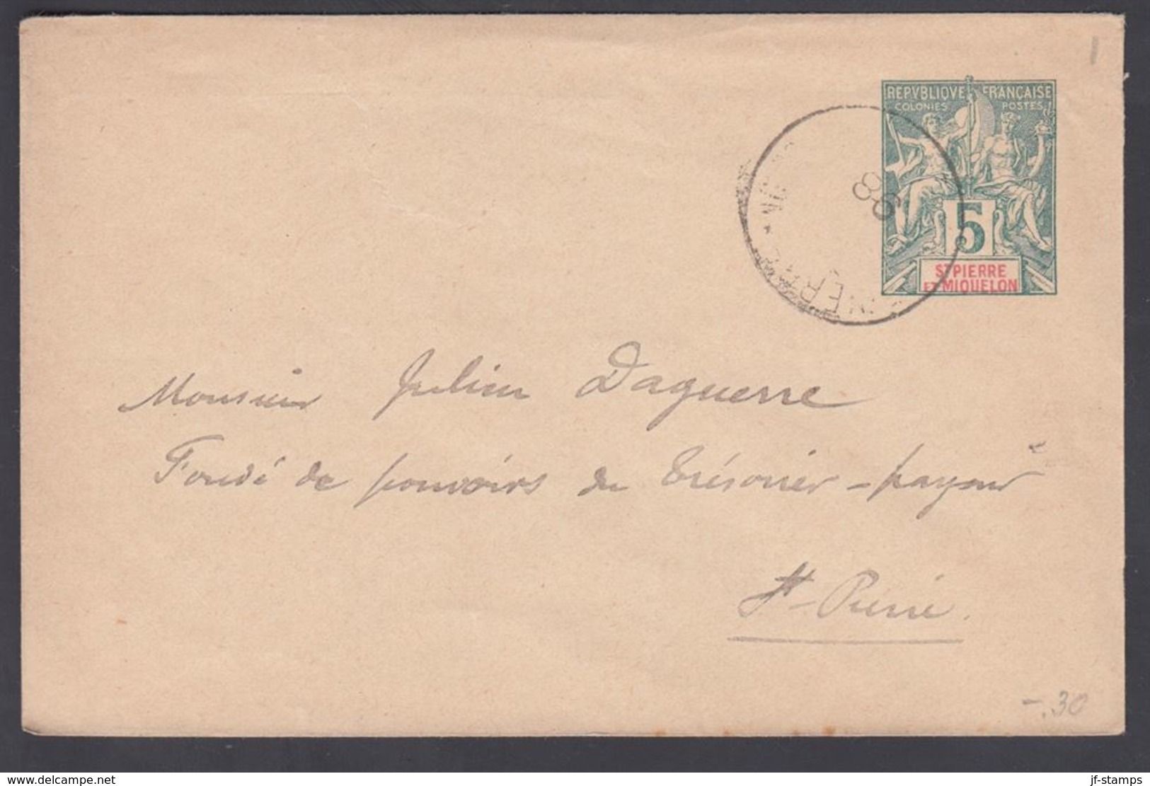 1898. SAINT-PIERRE-MIQUELON. ENVELOPE 5 C. Cancelled ST. PIERRE-MIQUELON ….98. 115 X ... () - JF321884 - Storia Postale