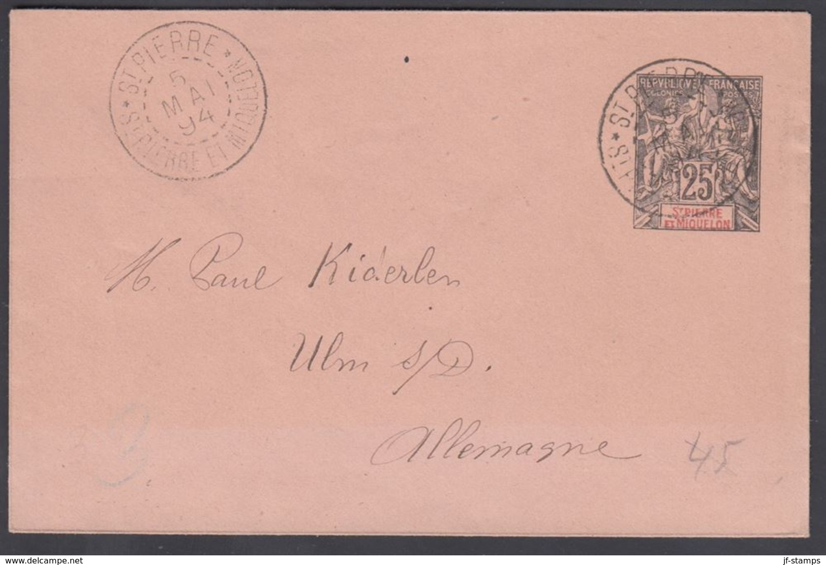 1894. SAINT-PIERRE-MIQUELON. ENVELOPE 25 C. Black. 115 X 75 Mm. ST PIERRE ET MIQUELON... () - JF321910 - Lettres & Documents