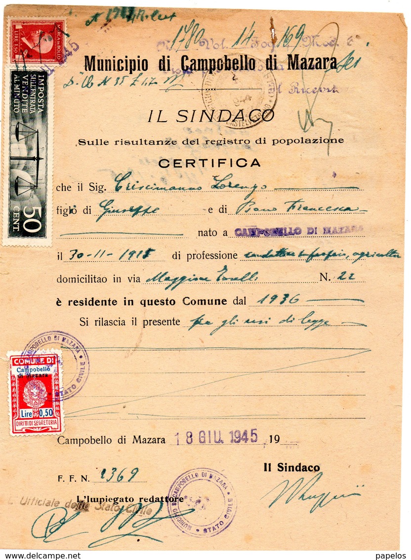 1945 MUNICIPIO DI CAMPOBELLO DI MAZARA  CON MARCHE COMUNALI - Fiscaux