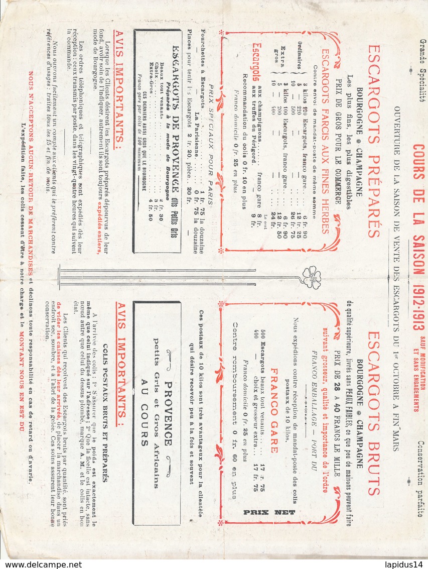 FA  1832 -  FACTURE  PUB  DEPLIANT     -  ESCARGOTS EN GROS   ALFRED MENETREL   A MAIZIERES-CHEVILLON  HAUTE MARNE - 1900 – 1949