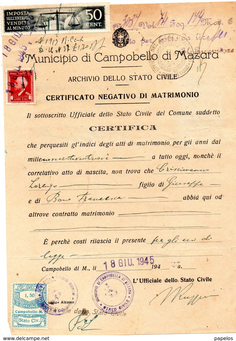 1945 MUNICIPIO DI CAMPOBELLO DI MAZARA  CON MARCHE COMUNALI - Fiscali